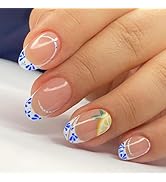 Cute French Tip Press on Nails Medium Almond Fake Nails with Designs Lemon Gel Glue on Fingernail...