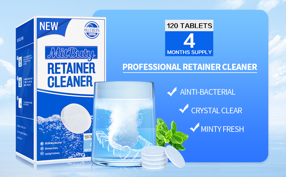 MitButy Retainer Cleaner Tablets (120 Tablets) with 1x Denture Bath