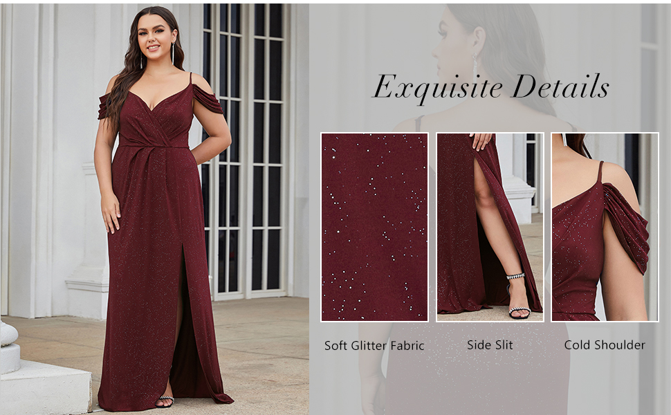 Ever-Pretty Women's Maxi Glitter Plus Size V-Neck Leg Slit Formal Party Dress