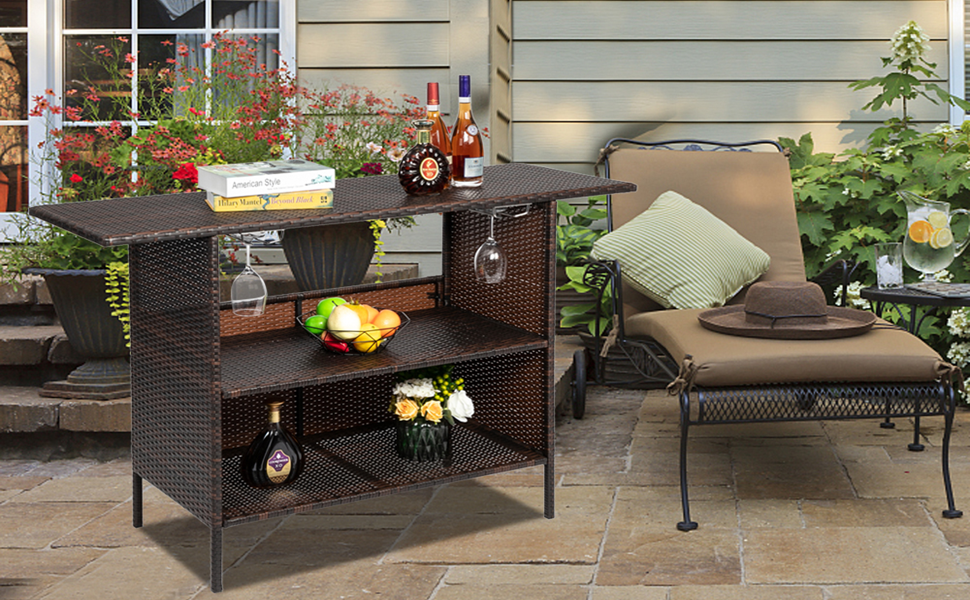 SESAISHEIR Outdoor Patio Rattan Wicker Bar Counter Table