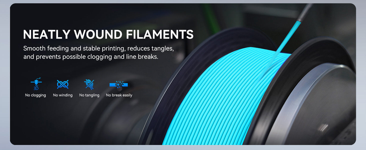 3D printer filament spool with bright blue material. Features neatly wound filaments for smooth feeding and stable printing, reducing tangles and potential clogging.