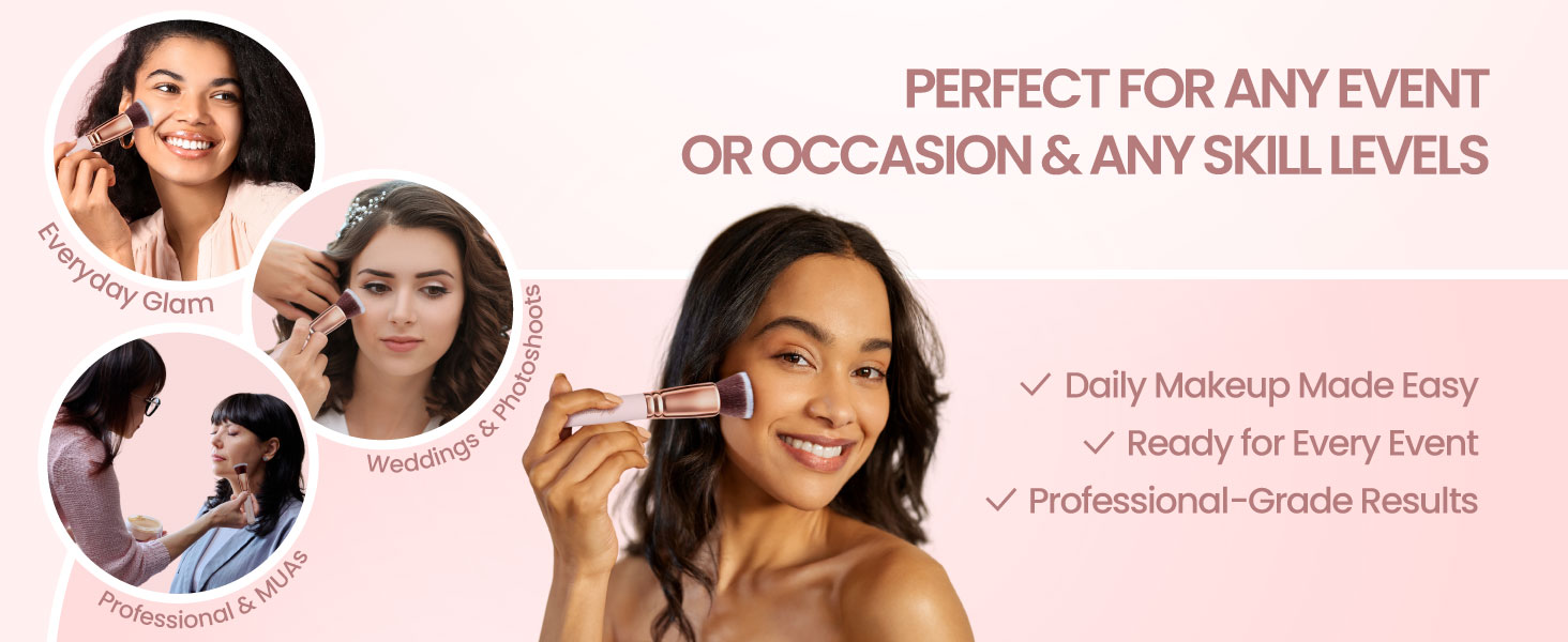 Text reads 'PERFECT FOR ANY EVENT OR OCCASION & ANY SKILL LEVELS'. Marketing image showing multiple portraits with pink gradient background.