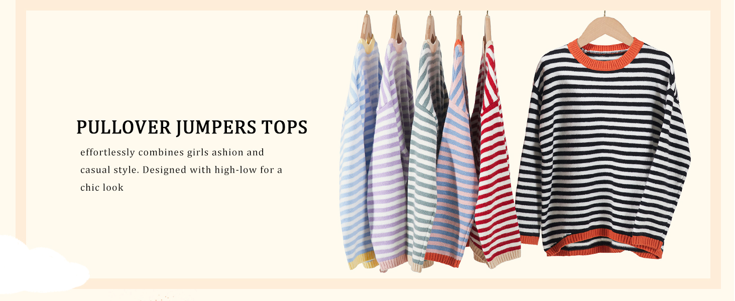 Girls Sweater Casual Long Sleeve Crewneck Striped Color Block Knit Pullover Tops