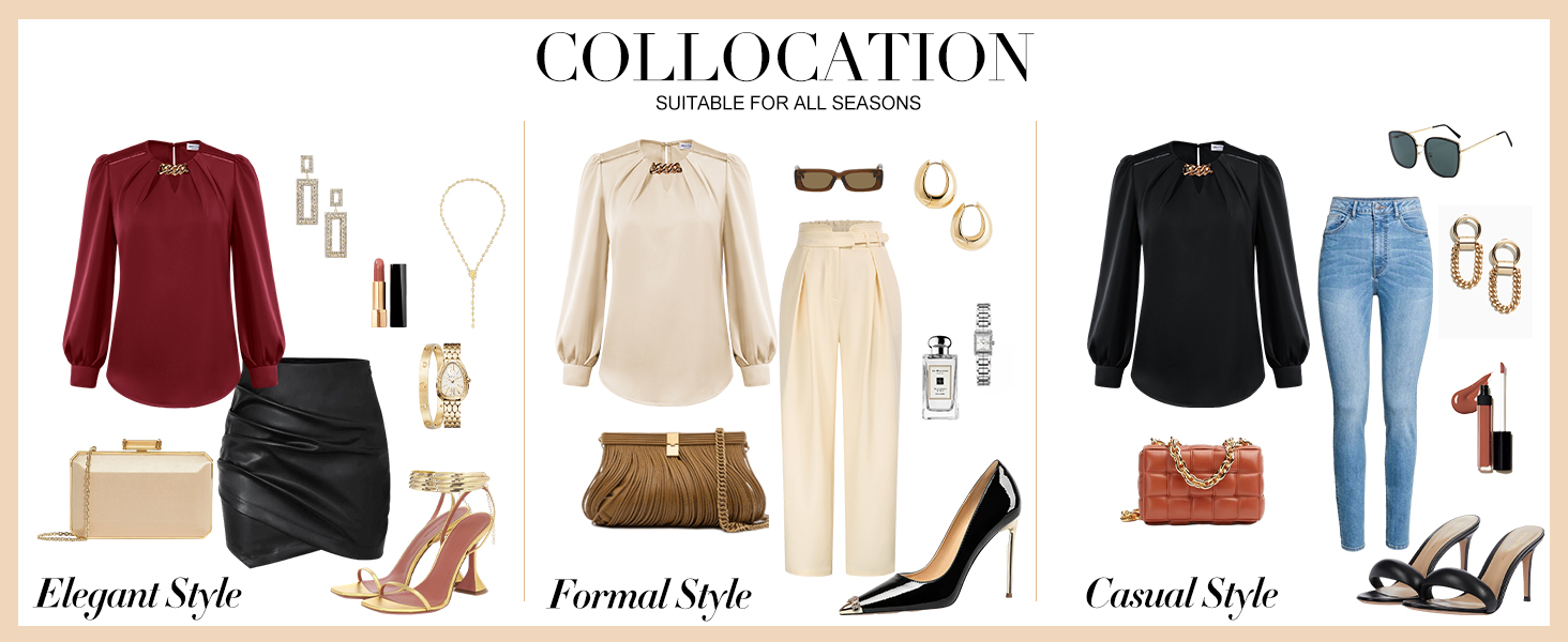 JASAMBAC Satin Blouse for Women Long Sleeve Tops with Metal Chain Silk Tops Ladies Evening Tops Going Out Tops Office Wear Work Tops Party Shirts Business Tops 12 womens tops