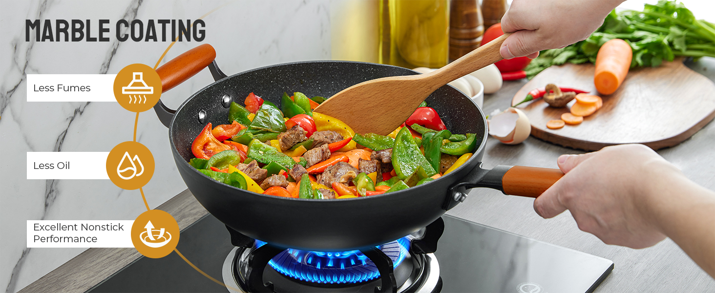 BEZIA Induction Wok Pan with Lid, Nonstick Wok 33cm, StirFry Wok with