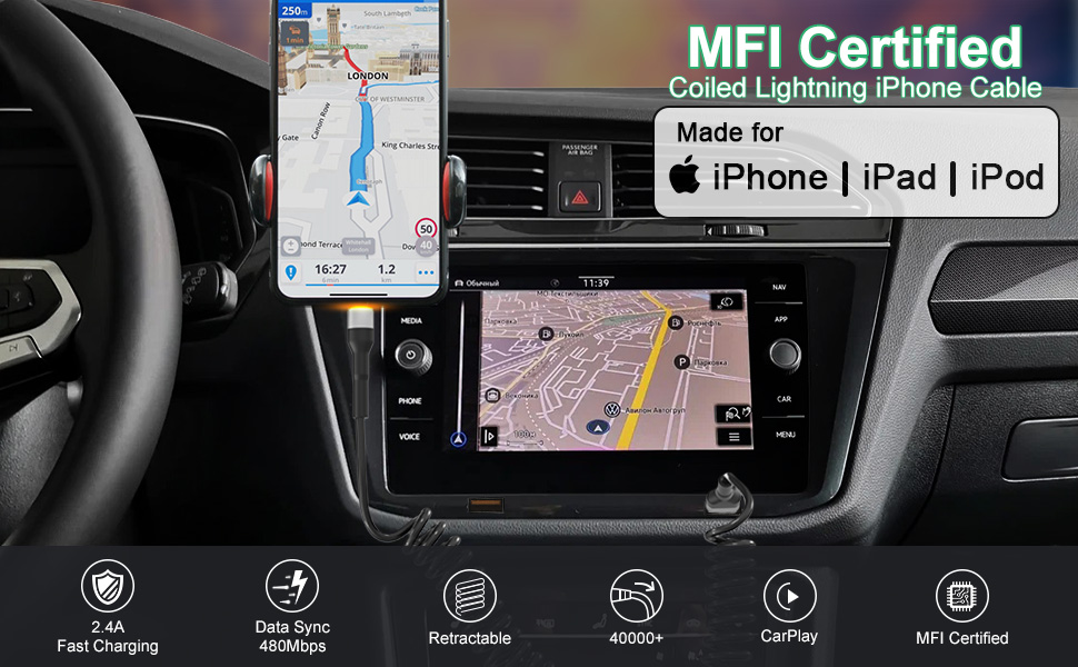 Coiled iPhone Lightning Cable Apple Carplay Cable MFi Certified