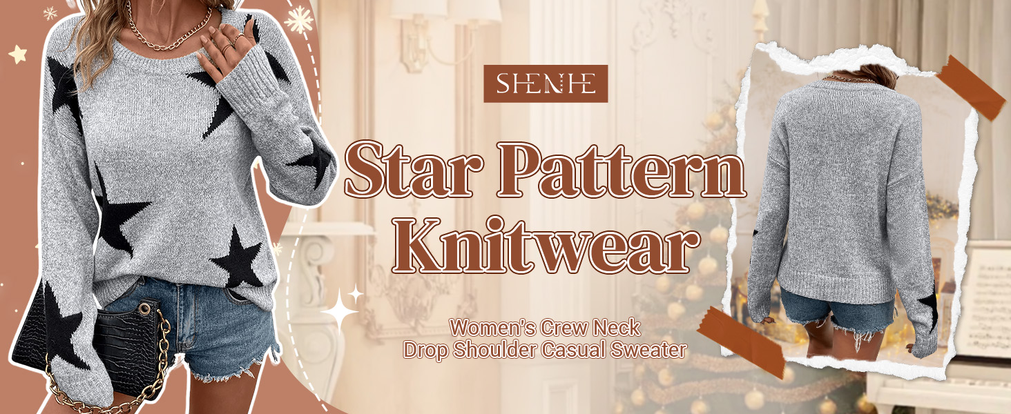SHENHE Women Star Pattern Crew Neck Drop Shoulder Casual Sweater Pullover Knitwear