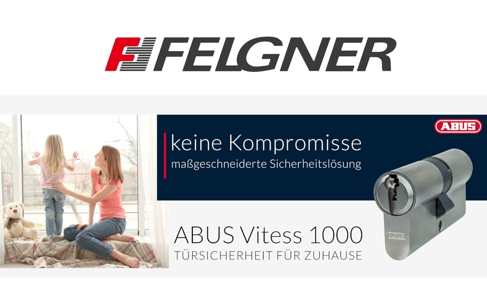 Werbung mit dem FEIGNER-Logo und dem ABUS Vitess 1000 Sicherheitszylinderschloss, mit Lifestyle-Bild von Menschen im Hintergrund.