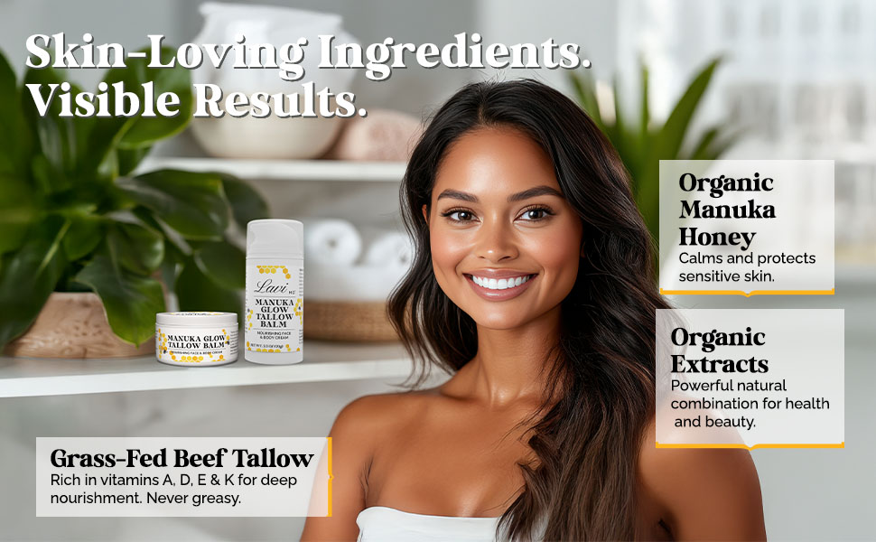 Grass-fed beef tallow balm with organic Manuka honey for smooth, hydrated skin