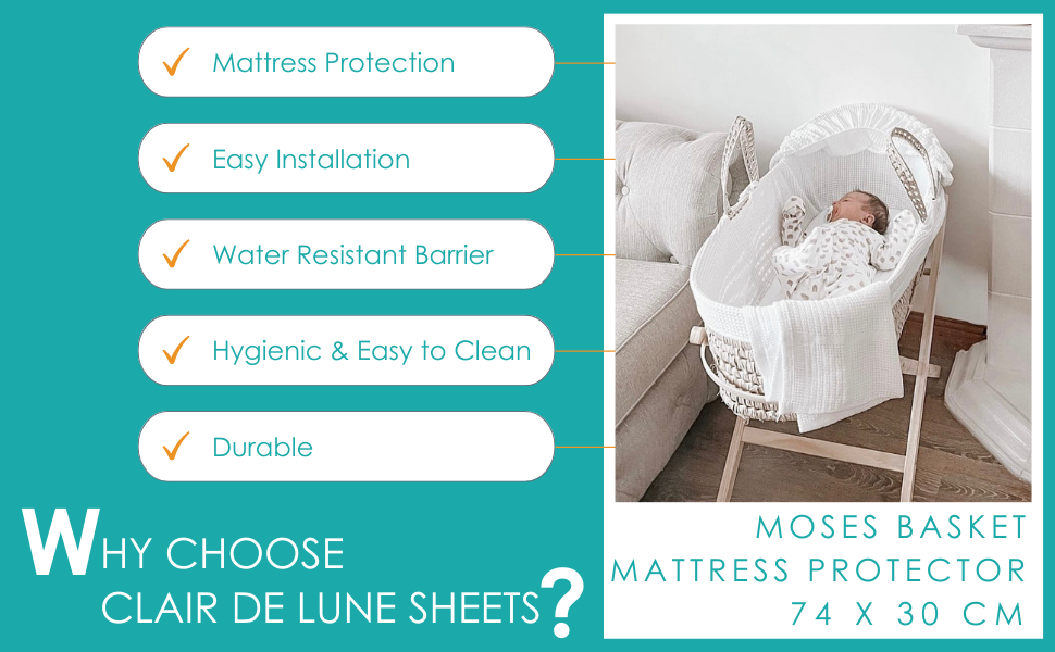 Clair de Lune Waterproof Wicker Moses Basket Mattress Protector Universal fit for Wicker
