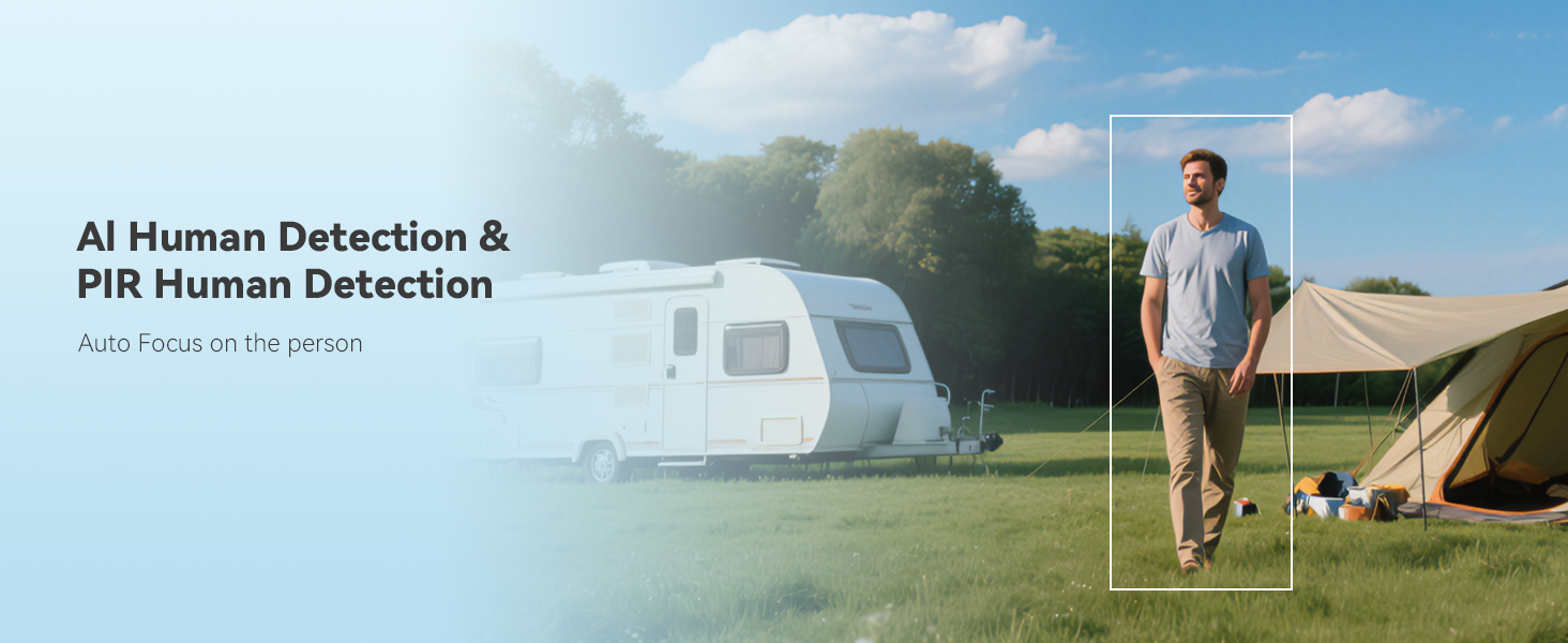 Split image showing campsite with RV and tent. Left side blurred, right side clear with person walking. Text overlay mentions AI and PIR human detection.