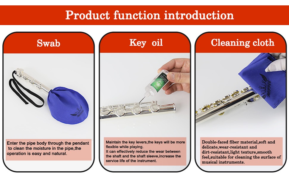 Flute Cleaning Cleaner Care Maintenance Kit,Key Oil,Cork Grease,Swab,Cleaning Cloth