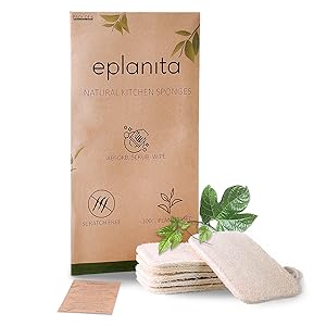 Embalaje ecológico para productos Eplanita con papel marrón natural, que se muestra junto a cuadrados texturizados blancos y una decoración de hojas verdes