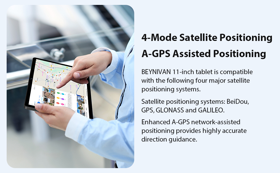 Text reads '4-Mode Satellite Positioning' and 'A-GPS Assisted Positioning'. Product documentation showing satellite positioning systems including BeiDou, Galileo, GLONASS, and A-GPS technology demonstrations.