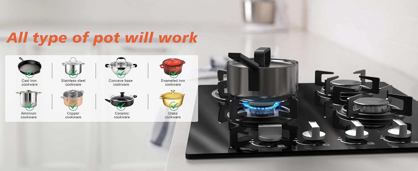 Karinear Gas Hob, 4 Burners Cas Hob with 13AMP Plug, Gas Hob 60cm Glass