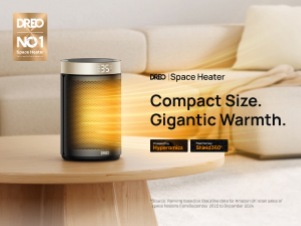 Text reads 'Compact Size. Gigantic Warmth.' Product images of a space heater shown in different environments with warm lighting effects.