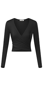 VETIOR Womens Deep V Neck Long Sleeve Unique Slim Fit Cross Wrap Shirts Crop Tops