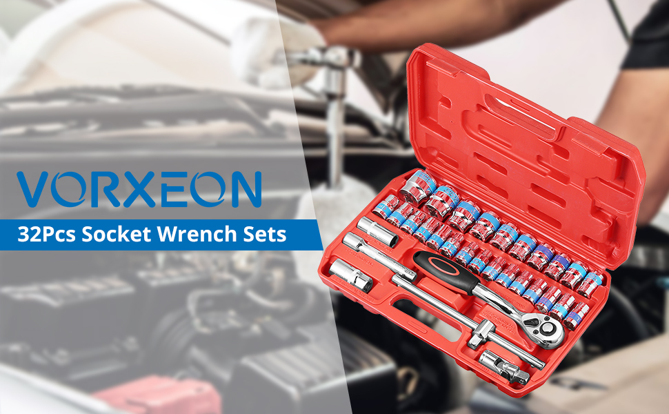 VORXEON 32Pcs Socket Wrench Set with 72Teeth 1/2" Reversible Ratchet