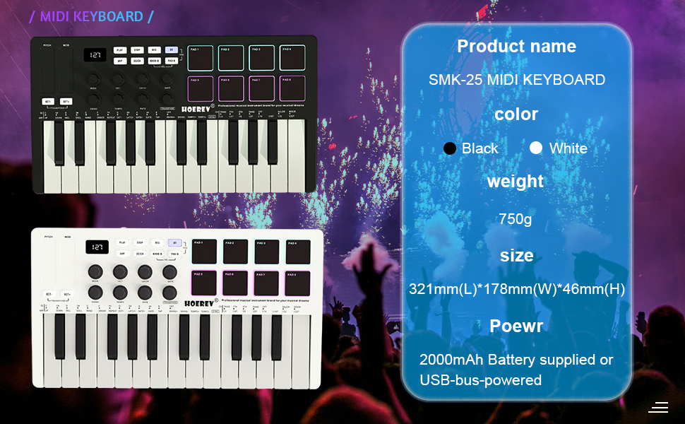 HOEREV MIDI Keyboard Controller With 8 Backlit Drum Pads, Wireless Semi