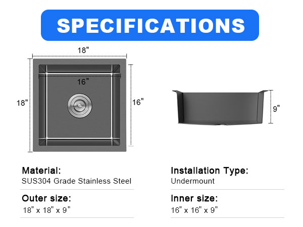 MENATT 18-inch Undermount Kitchen Sink Black, 18 Gauge