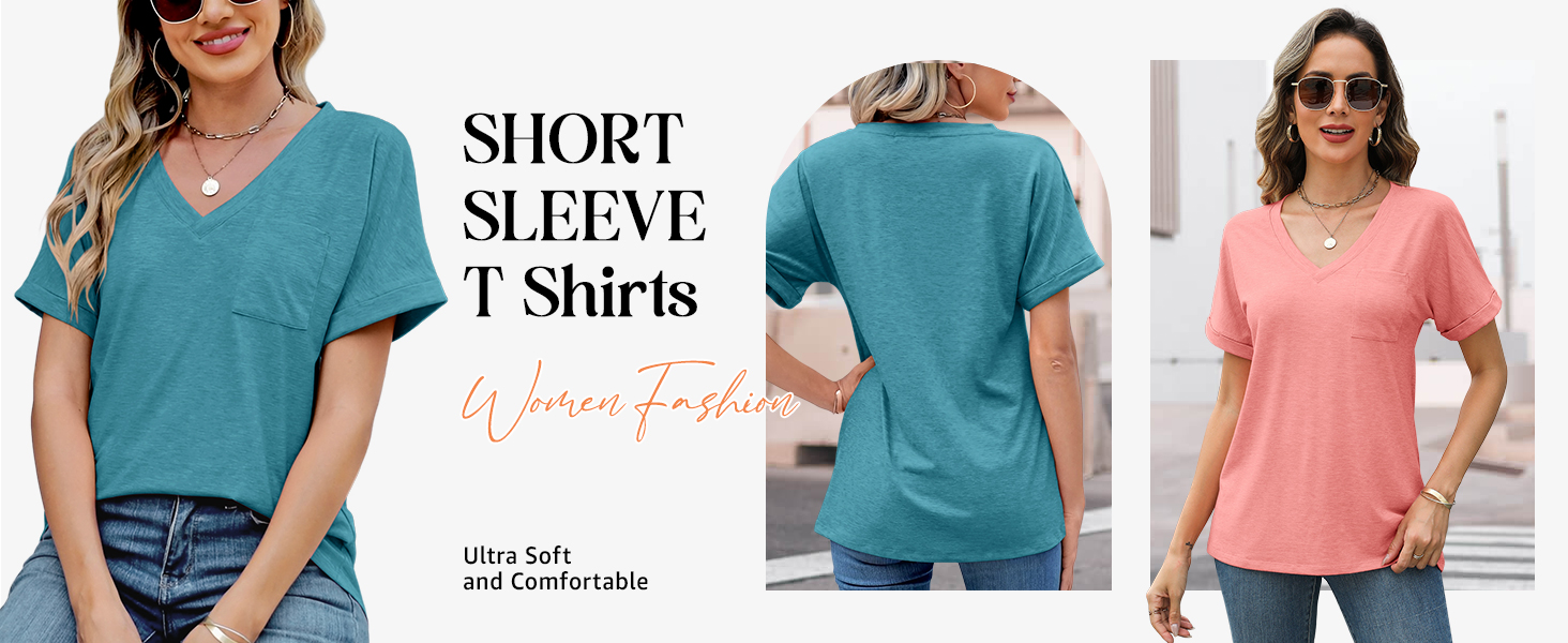 V Neck Summer Tops Casual Short Sleeve T Shirts Basic Loose Fit Dressy Tees
