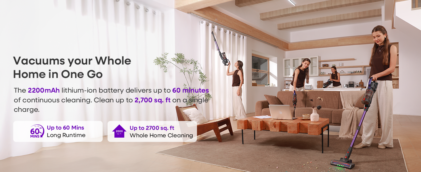 Text reads: 'Vacuum your Whole Home in One Go'. Modern living room scene showcasing cleaning technology with minimalist furniture and decor.