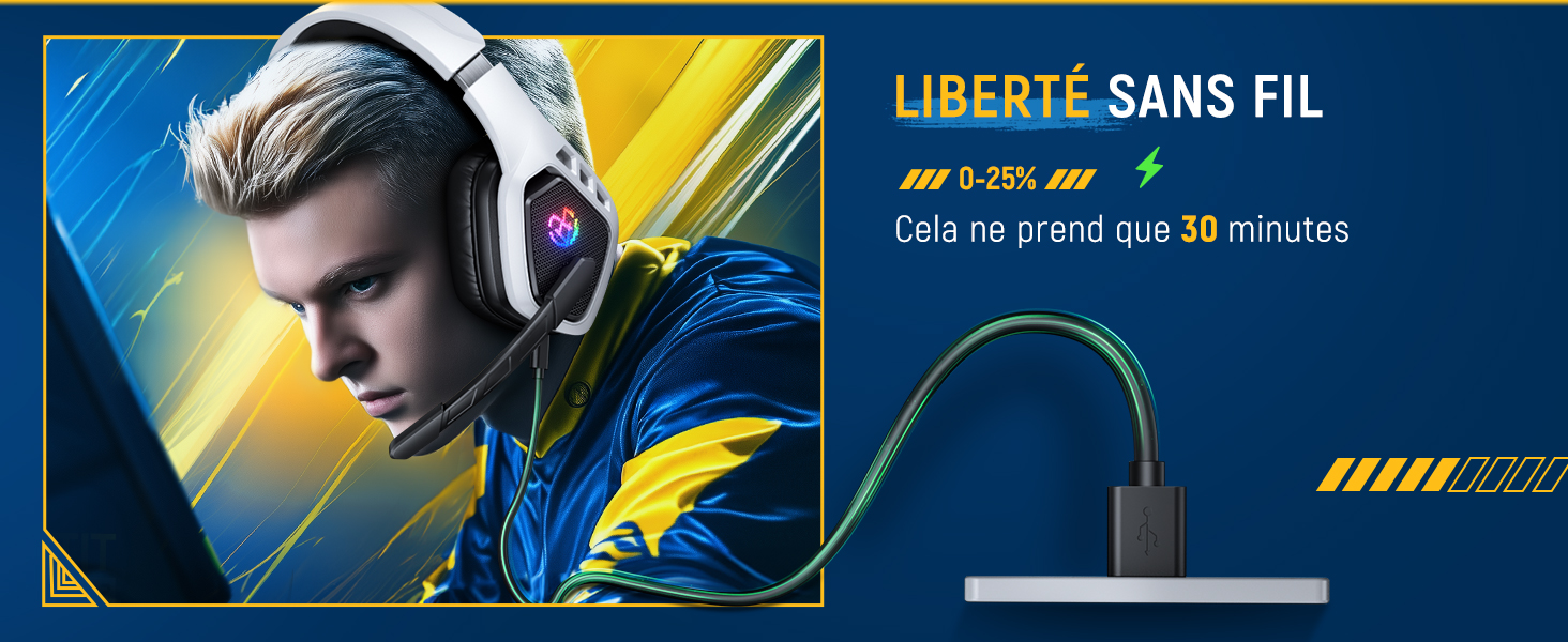 Le texte « LIBERTE SANS FIL » figure sur une bannière promotionnelle avec des éléments graphiques dynamiques bleus et jaunes.