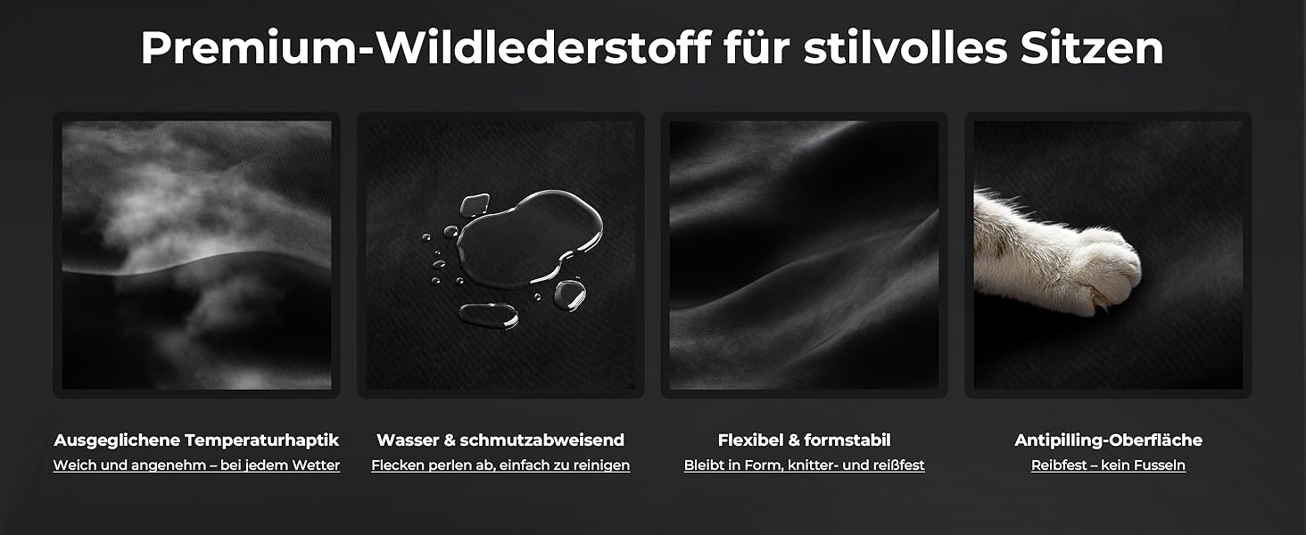 Der Text lautet „Premium-Wildlederstoff für stilvolles Sitzen“. Vier Bilder zur Produktdemonstration in Graustufen, die Materialstruktur und Anwendung zeigen.