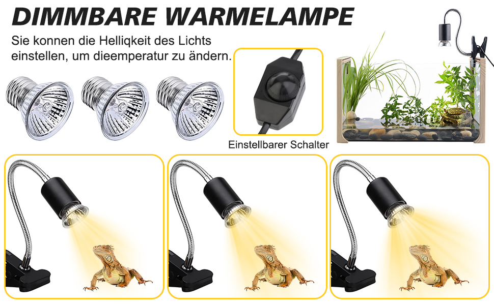 Demonstration einer dimmbaren Wärmelampe mit drei Intensitätsstufen mit Klemmhalterung. Inklusive Halogenlampen und einstellbarem Dimmschalter zur Temperaturregelung.