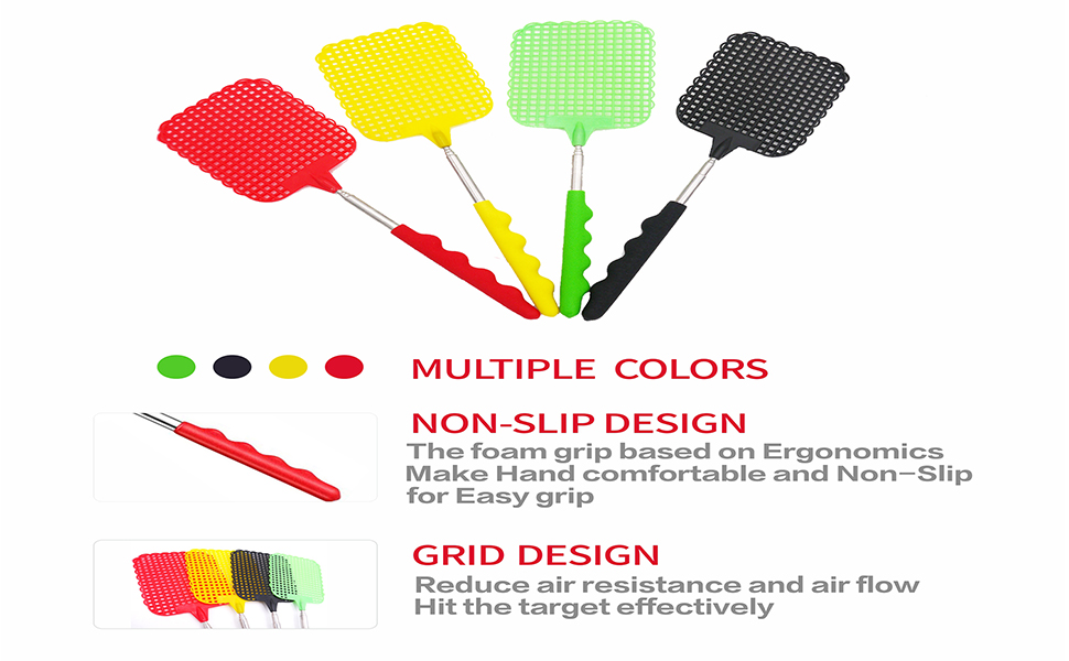 jemique Extendable Fly Swatters,4 Pack Strong Fly Swats With Telescopic Handle, Heavy Duty Fly