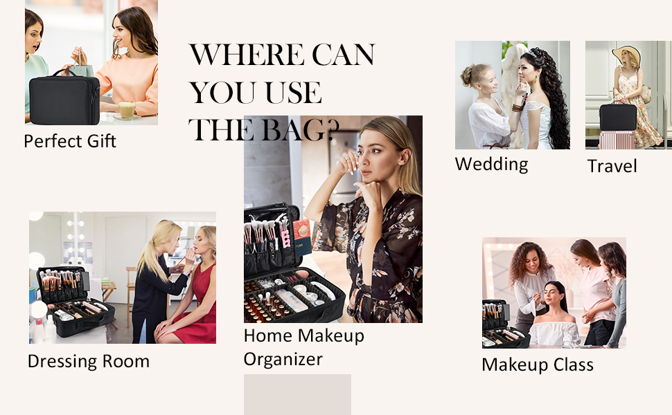 Collage showcasing versatile makeup organizer bag in various settings: as a gift, for travel, at weddings, in dressing rooms, for home organization, and during makeup classes.