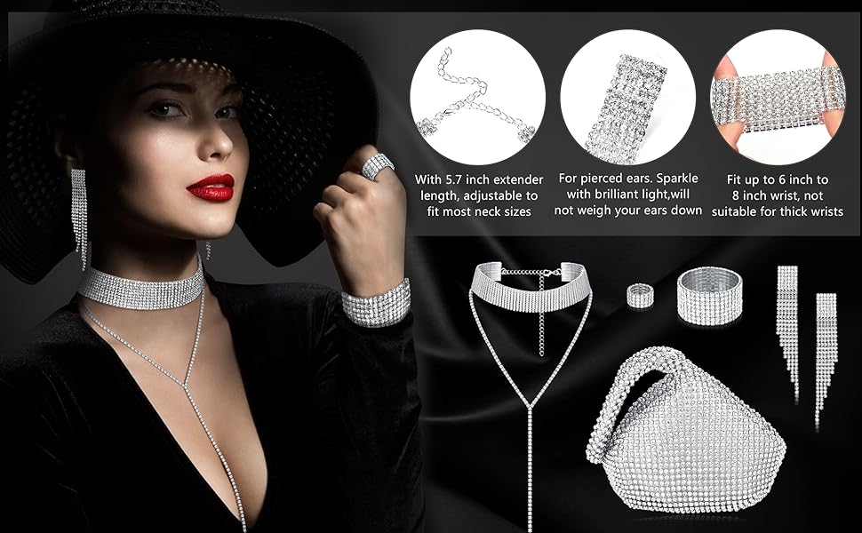 Kakonia 6 Pieces Women Crystal Jewelry Set Rhinestone Choker Necklace