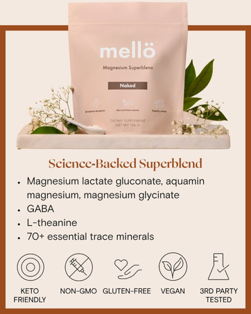 mello non gmo, gluten free, 3rd party tested, keto friendly magnesium supplement