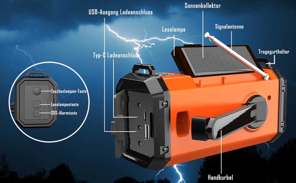 Kurbelradio DAB/UKW mit 5000mAh Akku Wiederaufladbare, Tragbare Solar Radio mit Taschenlampe