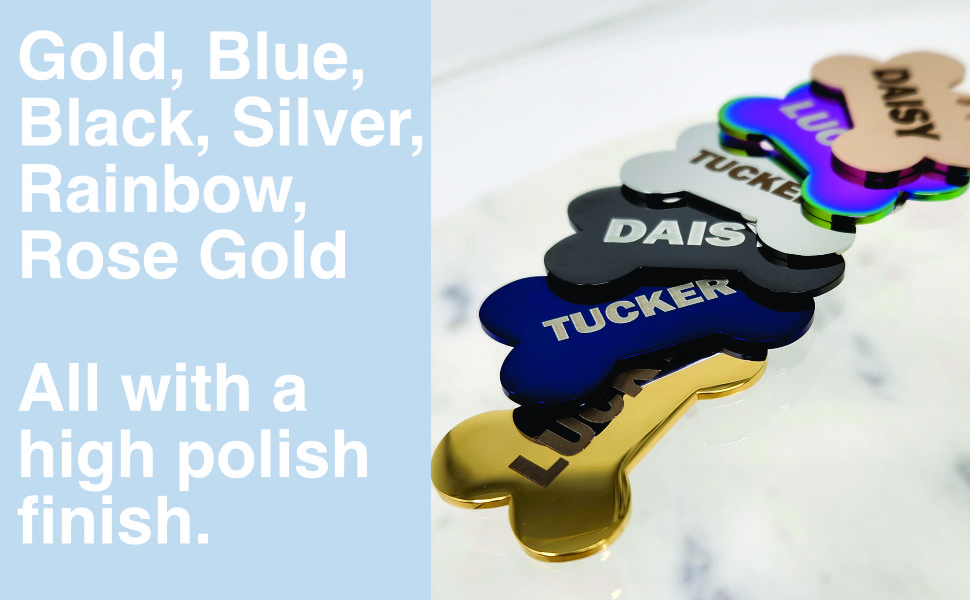 gold, black, blue, silver, rainbow, rose gold high polish stainless steel bones, hearts