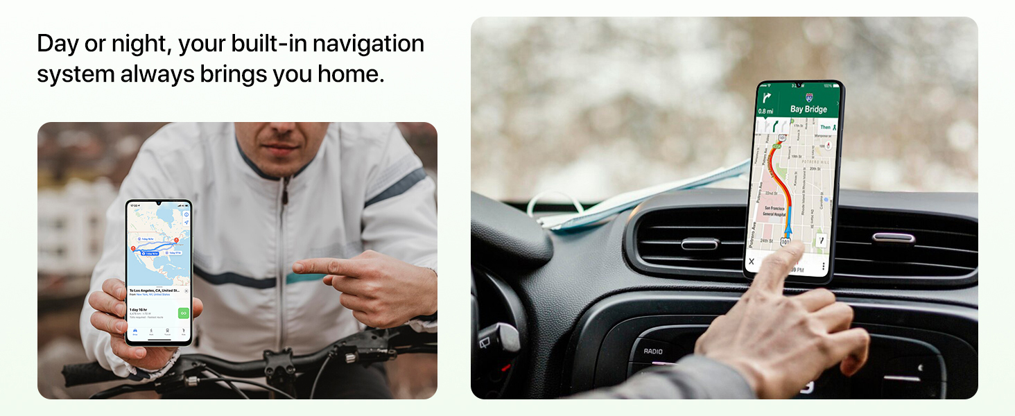Two images of navigation app on smartphones. Left shows person holding phone, right displays phone mounted in car. Text mentions built-in navigation system.