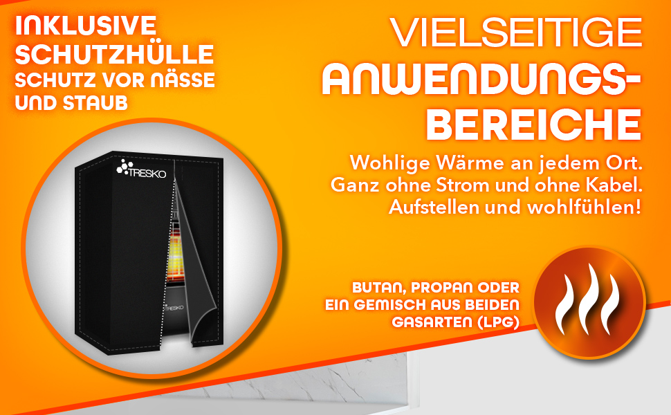 Productadvertentie in het Duits met een zwart verwarmingstoestel met beschermhoes, waarin veelzijdige toepassingen en warmtefunctionaliteit worden benadrukt.