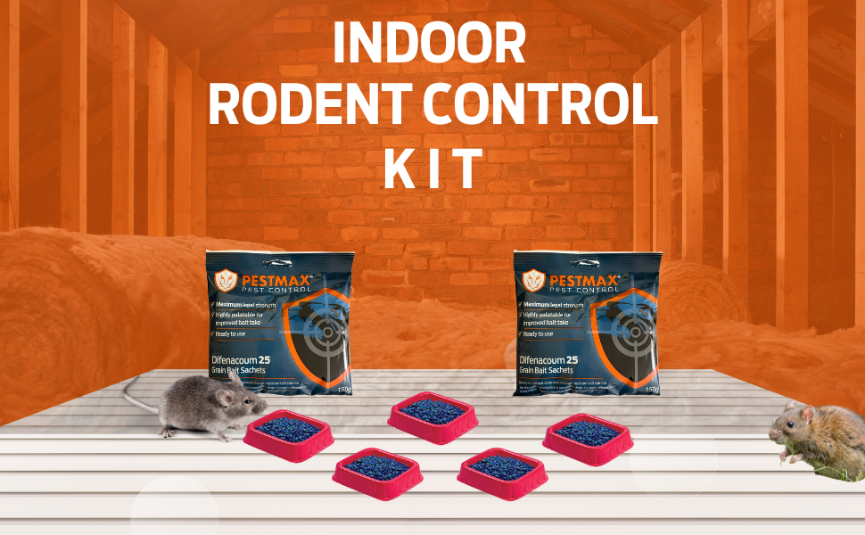 PESTMAX Indoor Rat Poison kit contains 2 x 150g mouse and rat poisoning sachets and 5 bait trays