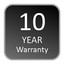 Le texte indique « GARANTIE ANNUELLE » et le chiffre « 10 » affiché en texte blanc sur fond noir, indiquant les informations de garantie du produit.