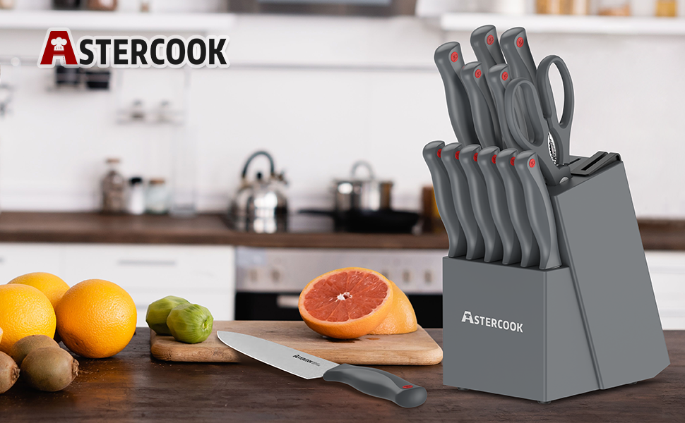 Astercook Knife Set with Builtin Sharpener Block