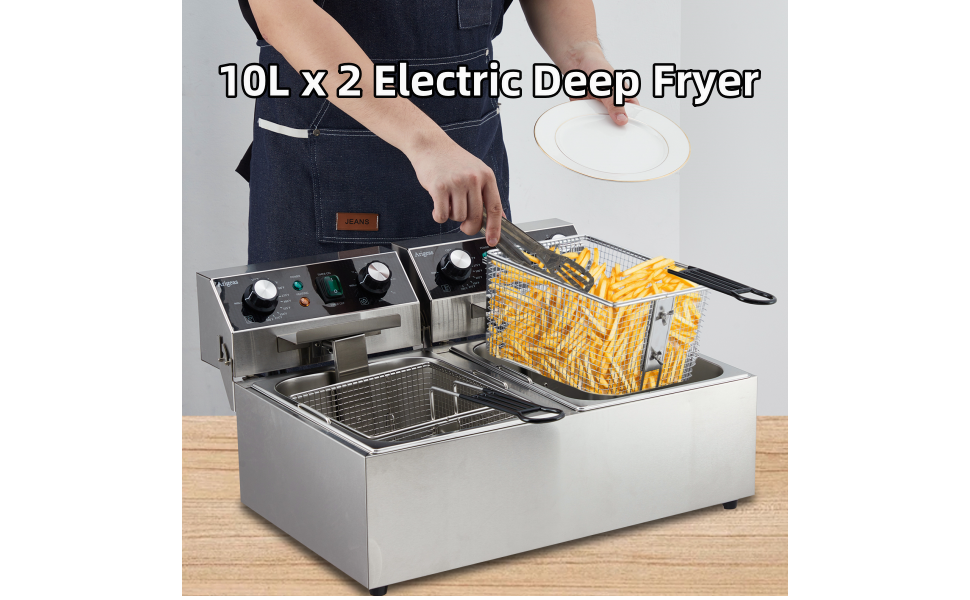 Electric Deep Fryer 10L x 2 Double Stainless Steel Tanks Timer Adjustable Temp Countertop Fryers 