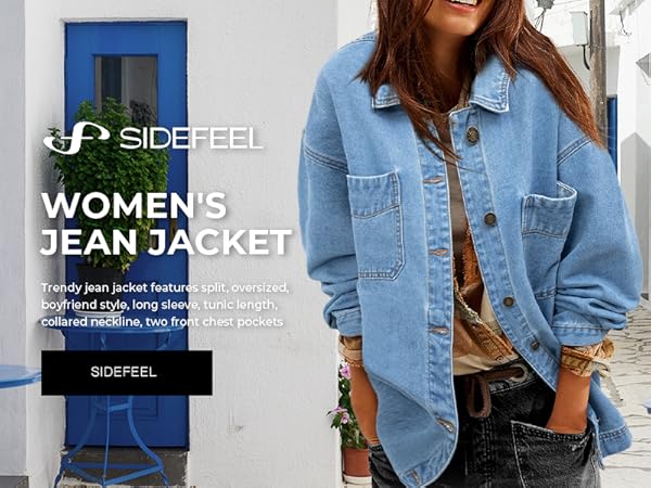 Sidefeel Women's Jean Jacket Oversized Boyfriend Button Up
