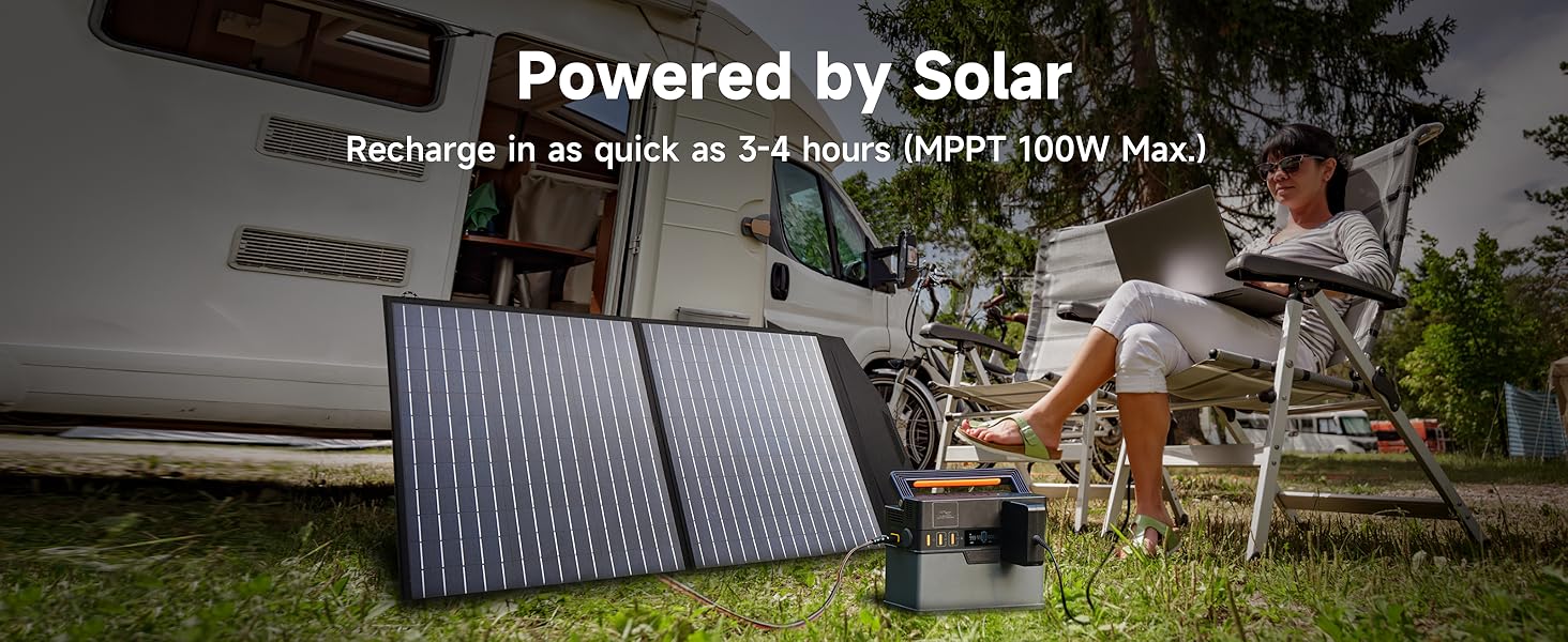 Portable solar panel array powering a device outdoors. Text indicates recharge in 3-4 hours with 100W maximum power.