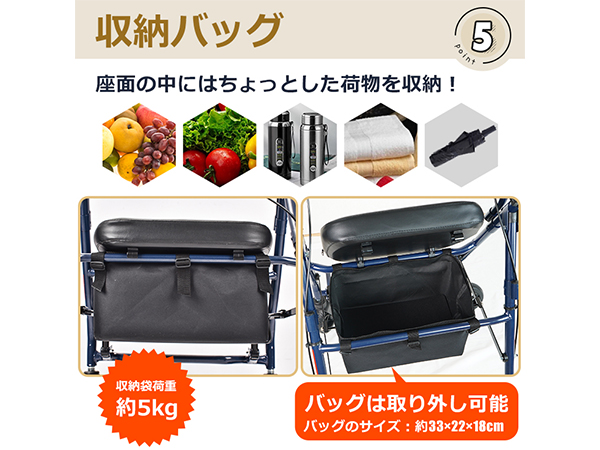 〇新品〇　シルバーカー（色：ネイビー） ブレーキ付き　座面、収納バッグ付き Amazon | Fkstyle【折りたたみ式4輪シルバーカー】おしゃれ 広々