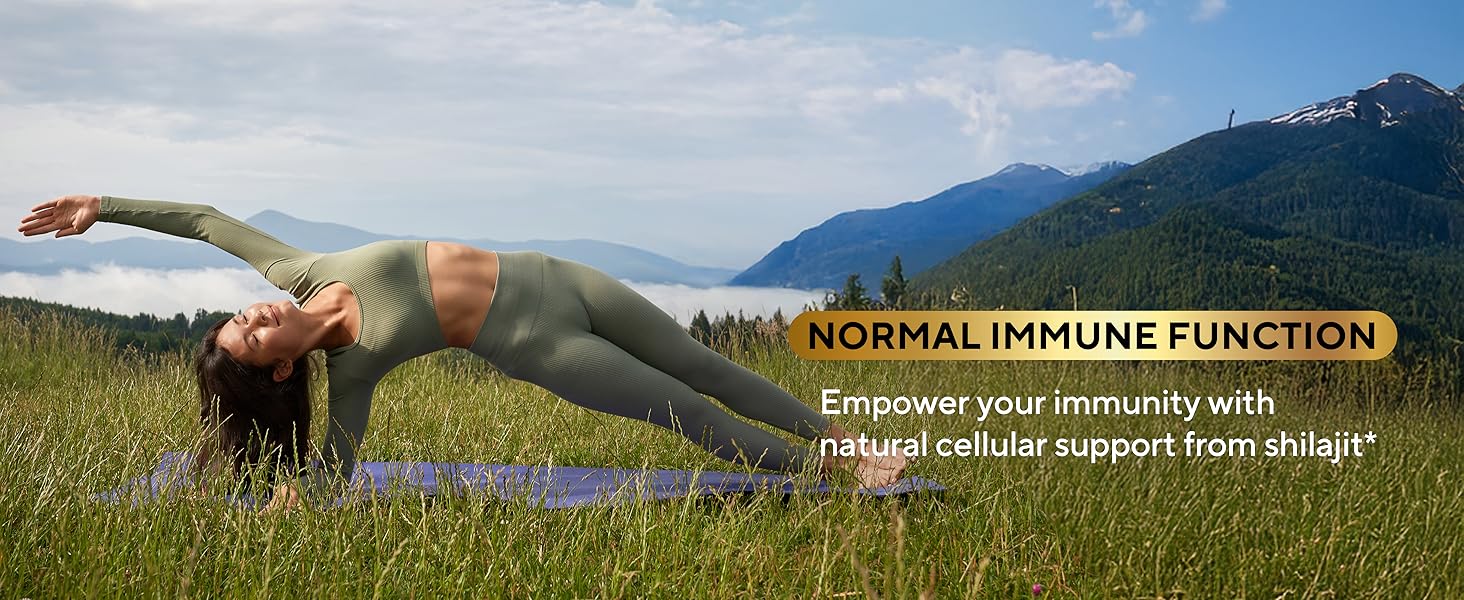 Immune system text and woman on grass doing yoga in olive sportswear with mountains on background