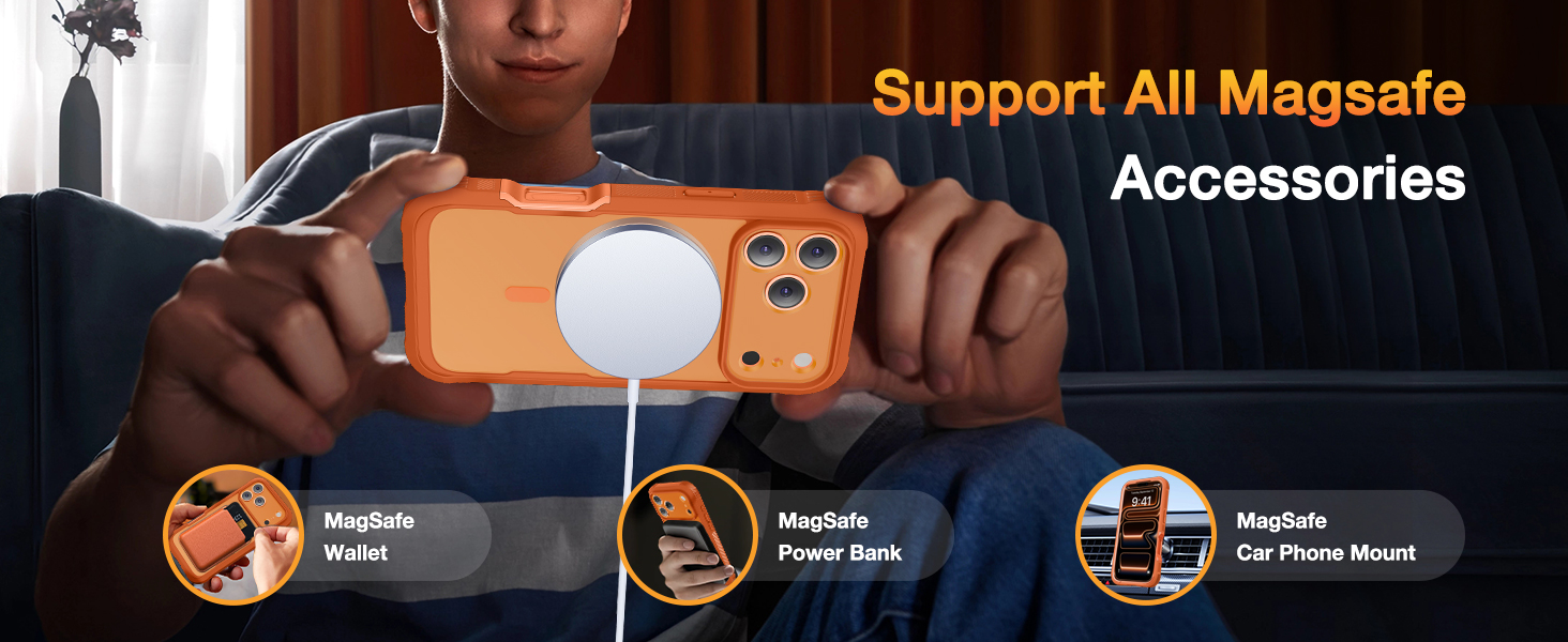 Text reads 'Support All Magsafe Accessories'. Marketing banner showing electronic accessories and device compatibility information.