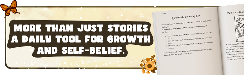 Open book mockup featuring engaging storytelling, reflection questions, and positive affirmations.