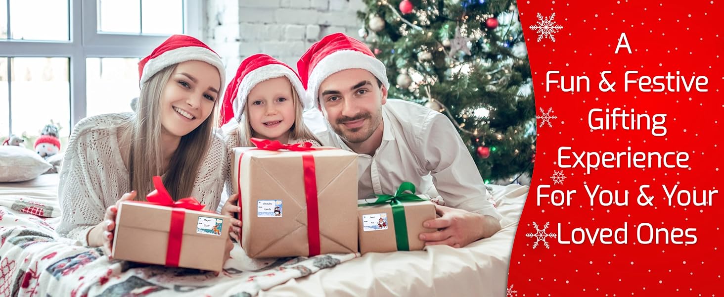Family in Santa hats with wrapped gifts by Christmas tree. Red text overlay: 'A Fun & Festive Gifting Experience For You & Your Loved Ones'.