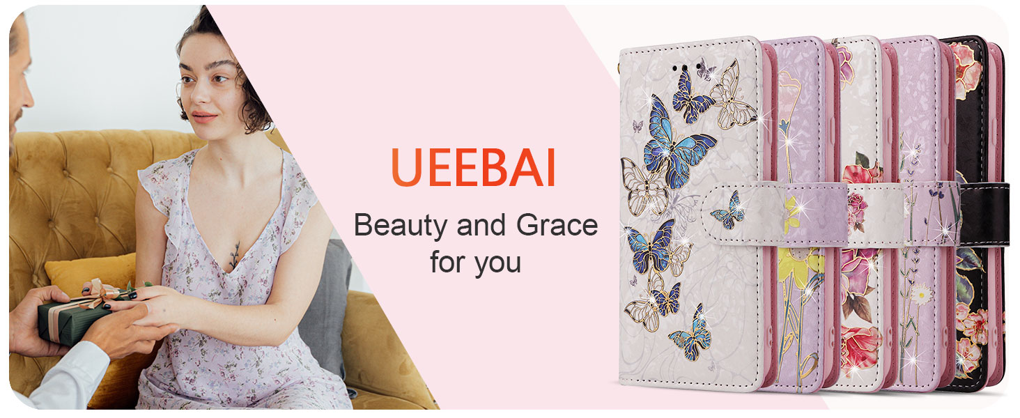 UEEBAI Wallet Case for Samsung Galaxy A15 4G/5G, PU Leather Phone Case Kickstand RFID Blocking Flip Case Card Slots Wrist Strap Relief Engraved Pattern Magnetic Closure Folio Case - Blue Butterfly 18 Wallet Case