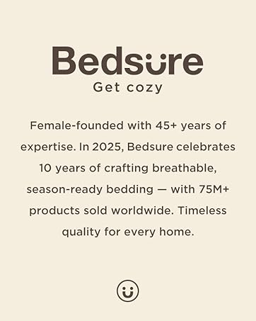 Text reads 'Bedsure Get cozy Female-founded with 45+ years of expertise. In 2023, Bedsure celebrates 10 years of crafting breathable, season-ready bedding — with 75M+ products sold worldwide. Timeless quality for every home.'